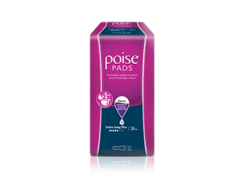 Poise pads extra long plus, with 'buy now' button and 'learn more' link